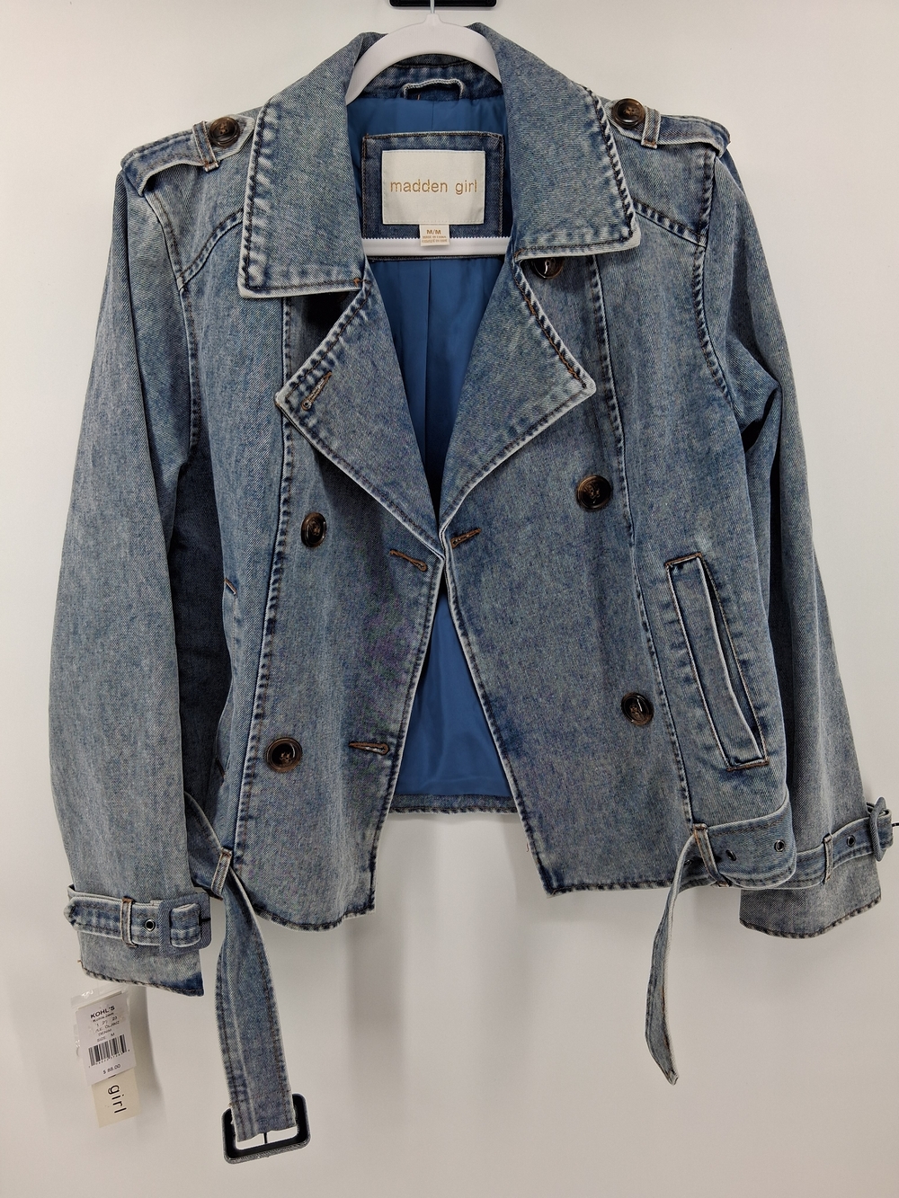 Madden Girl Light Wash Denim Double-Breasted Jacket with Belt